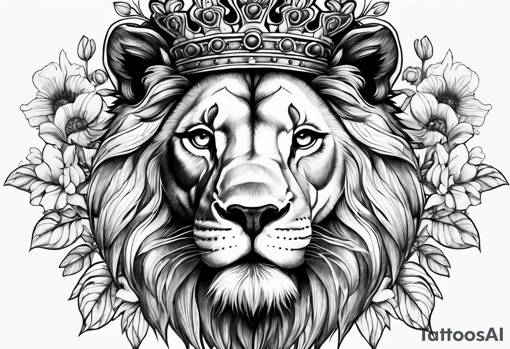 Lion flowers crown cross tattoo idea