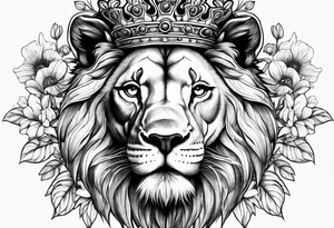 Lion flowers crown cross tattoo idea