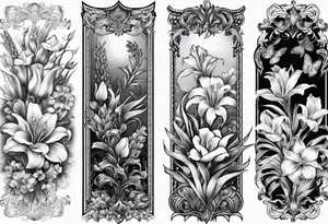 Vertical floral arm sleeve with wheat and dragonflower, snapdragon, and tulips, lilly orchid, Queen-of-the-Night tattoo idea