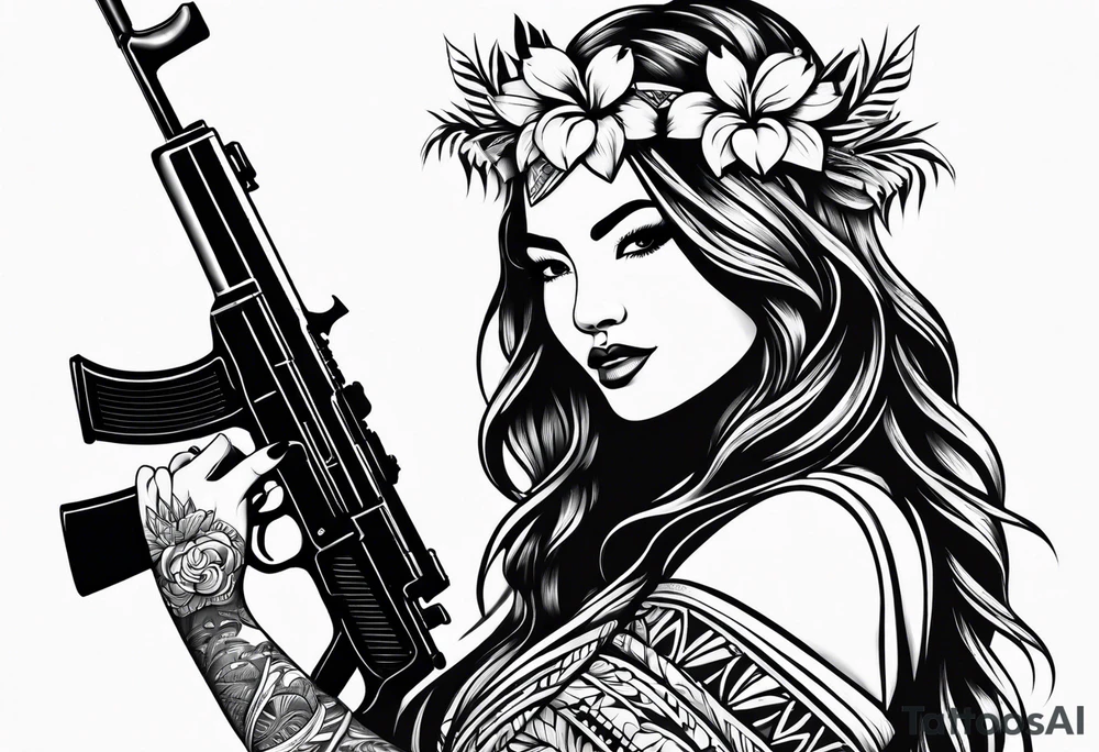 hula girl who dance with famas gun tattoo idea
