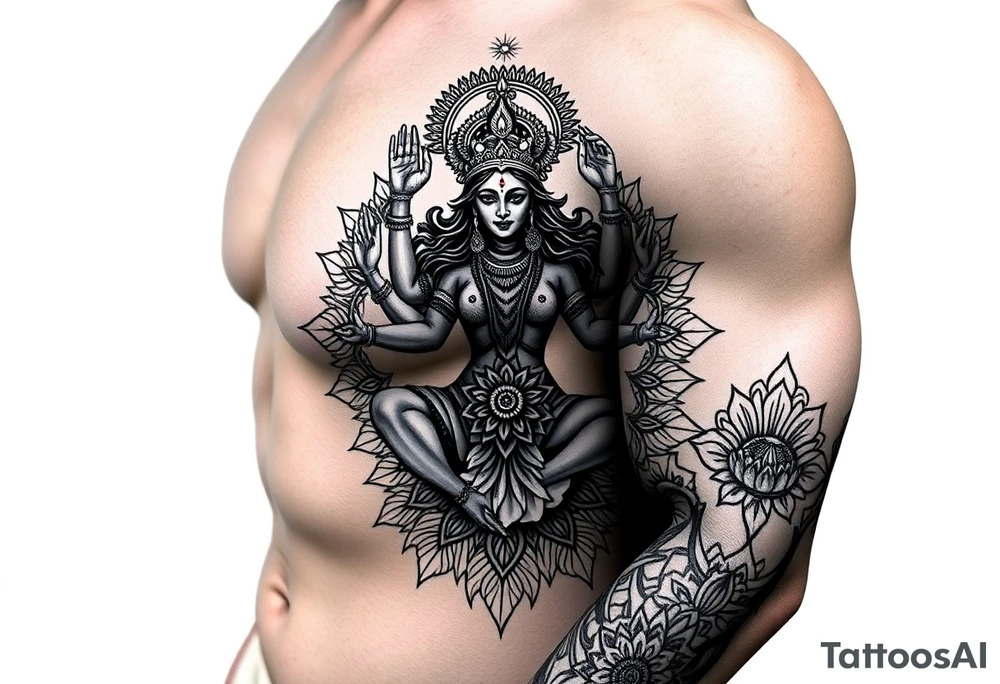 Durga goddess full body 
Surrounded by lotus chakra and mandala tattoo idea