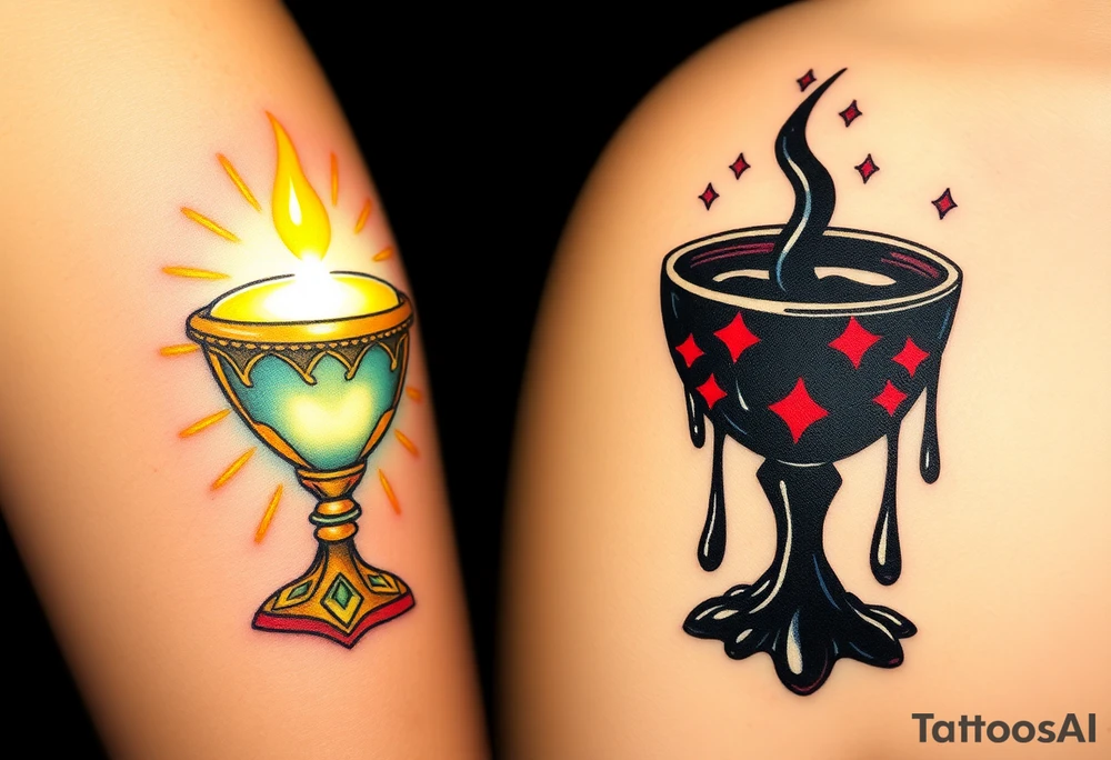 A radiant, holy grail, glowing with soft blues and golds, surrounded by soft rays of light, opposed to a dark chalice, dripping black liquid, with red glowing symbols and a menacing aura, symbolizing a search for purity and a thirst for darkness. tattoo idea