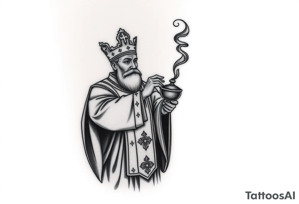 Russian Orthodox Priest in fully detailed vestment swinging a censer with smoke curling upward tattoo idea