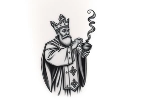 Russian Orthodox Priest in fully detailed vestment swinging a censer with smoke curling upward tattoo idea