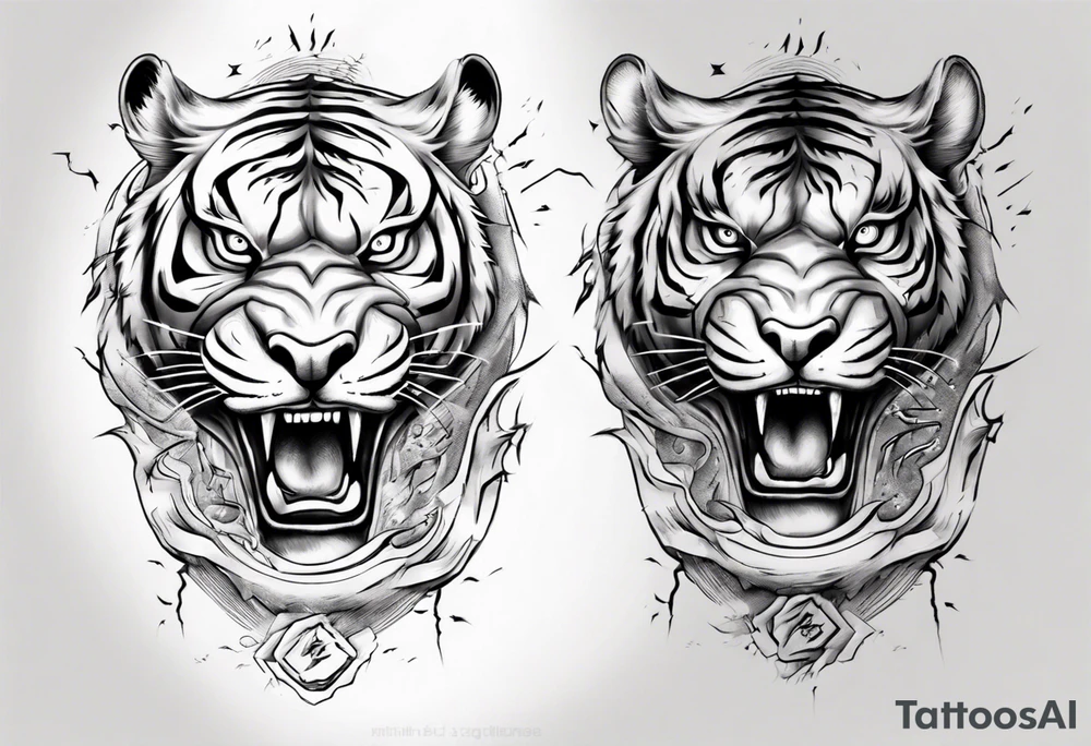 ancient Tiger with lightning and a sun for a forearm sleeve tattoo idea