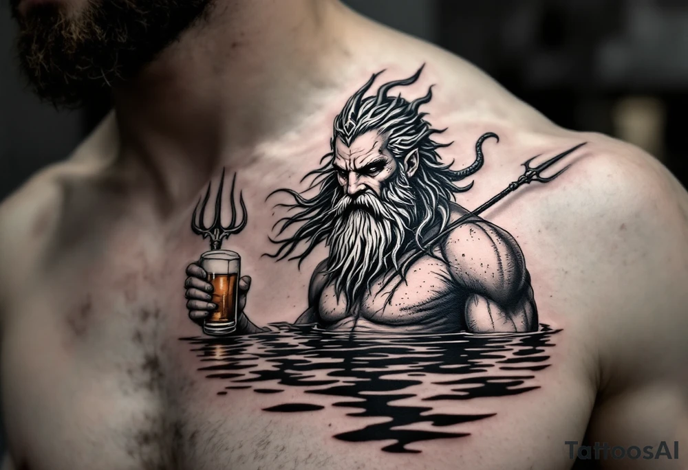poseidon, with a trident, in calm water, holding a beer tattoo idea