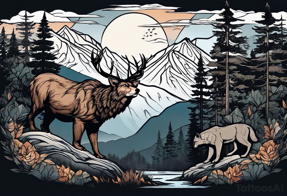 Hunter in the forest with dark mountains in the background under moonlight with bear and
 deer and a cougar tattoo idea