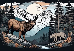 Hunter in the forest with dark mountains in the background under moonlight with bear and
 deer and a cougar tattoo idea