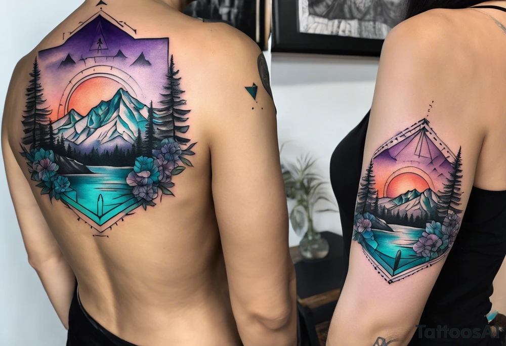 half sleeve tattoo on my shoulder. It features a mountain range, with a compass rose rising up from behind the mountain like a sunrise. In front of the mountains, there are purple and teal flowers. tattoo idea