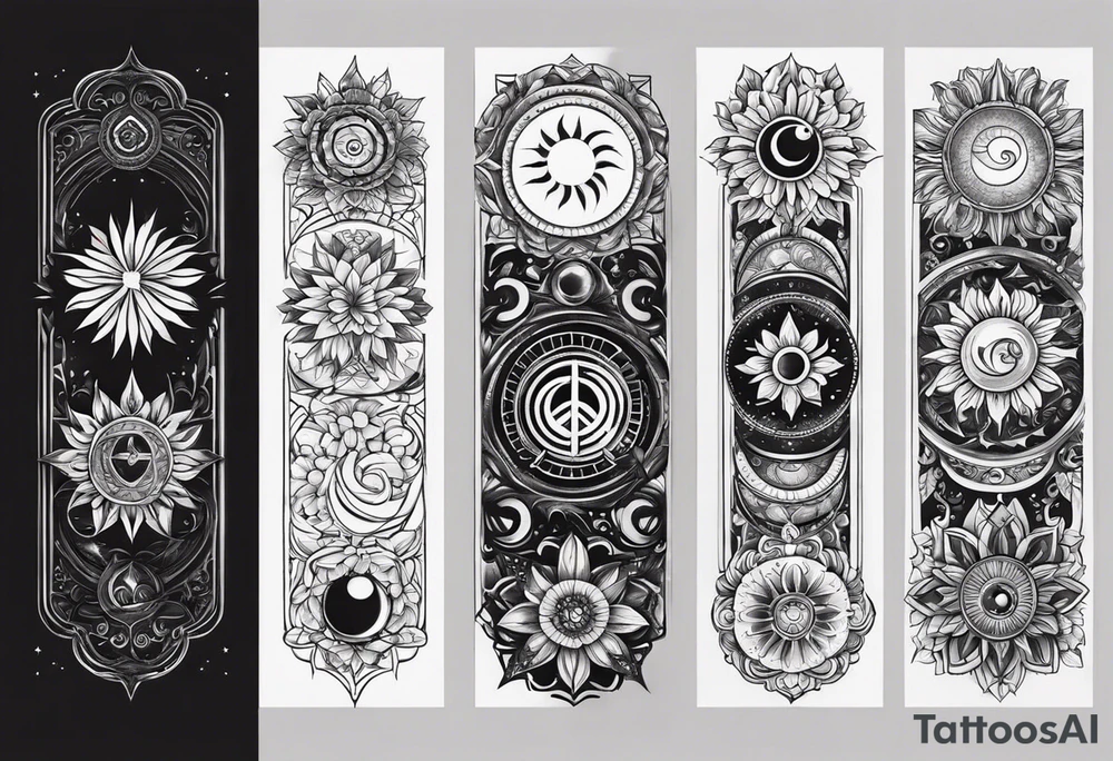 Design a sleeve arm tattoo that symbolizes power, peace and love with the sun and moon and with flowers and butterflies but also shows masculinity. I want to see spirituality and chakra symbols tattoo idea