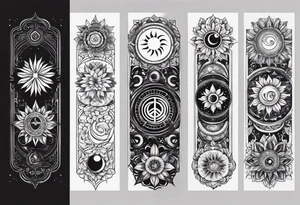 Design a sleeve arm tattoo that symbolizes power, peace and love with the sun and moon and with flowers and butterflies but also shows masculinity. I want to see spirituality and chakra symbols tattoo idea