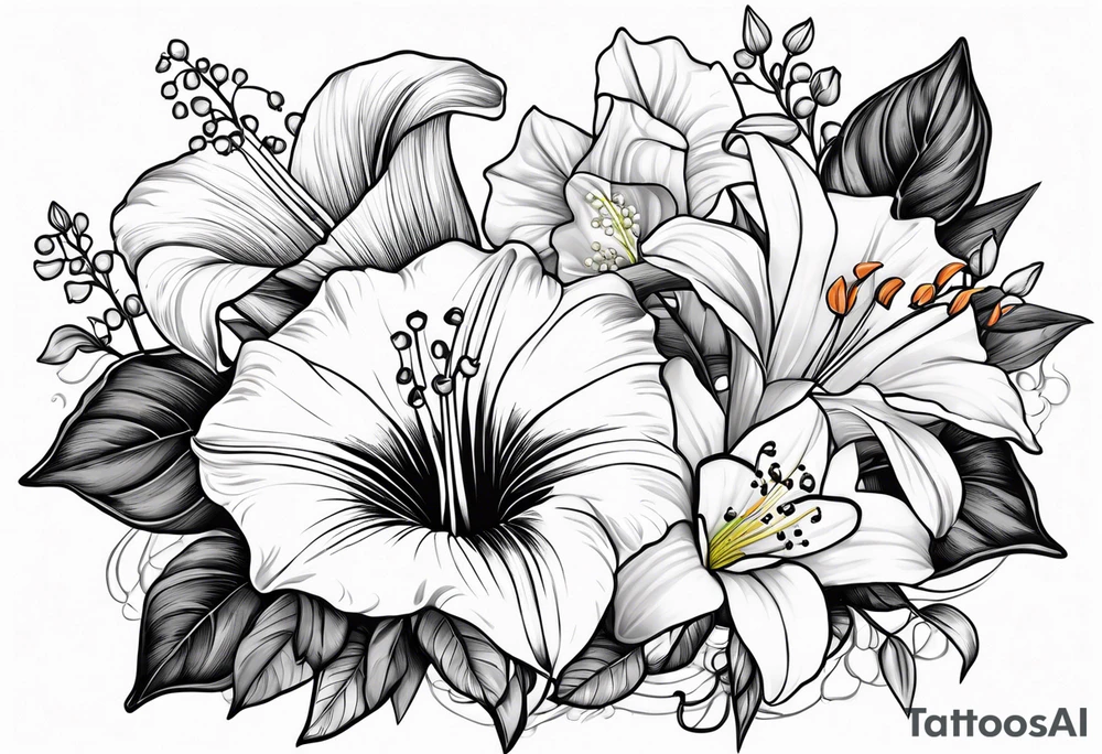 bouquet of morning glory and lily of the valley with psalm 23 written underneath tattoo idea
