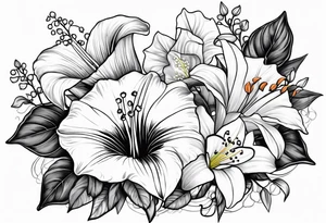 bouquet of morning glory and lily of the valley with psalm 23 written underneath tattoo idea