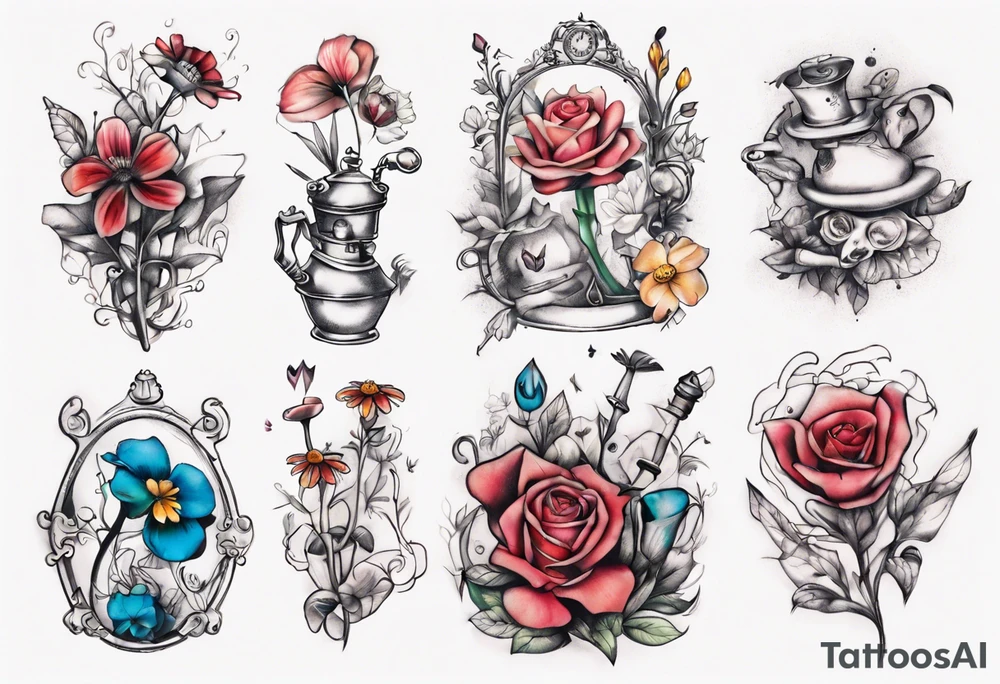 small Alice in wonderland flowers tattoo idea