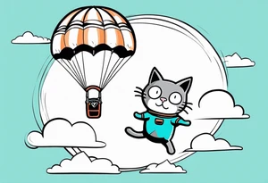 cat going skydiving with parachute in the rick and morty style tattoo idea