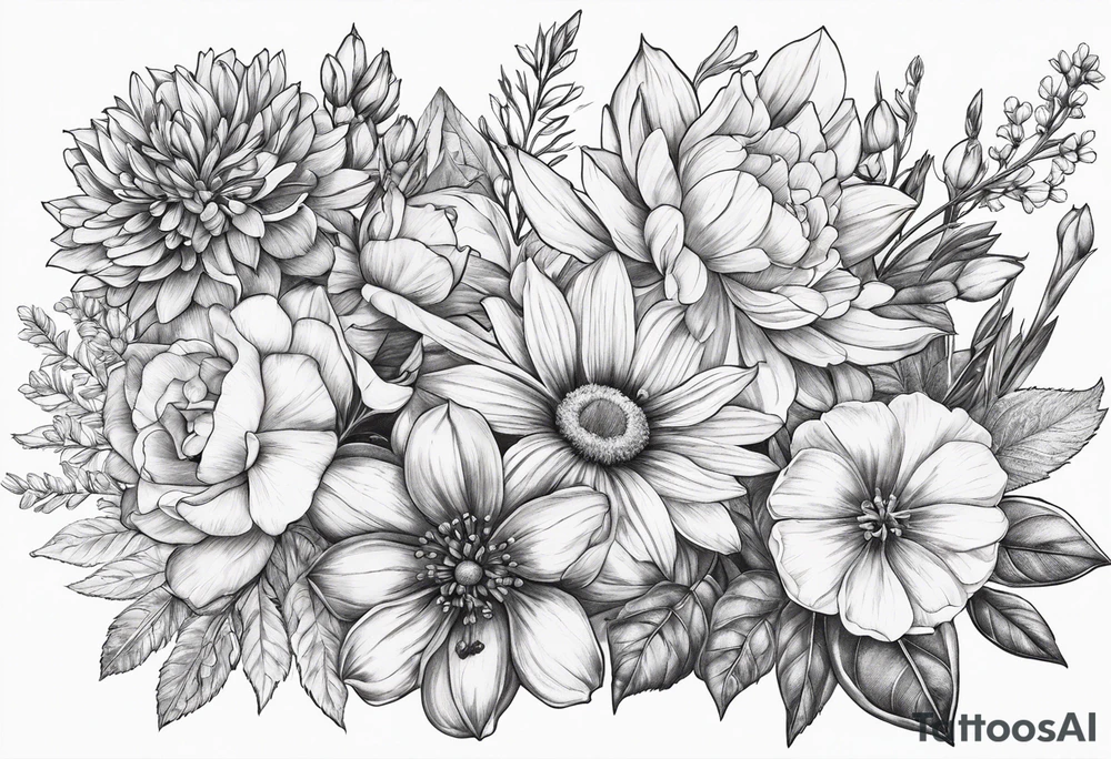 Birth flower bouquet with month’s January, May, November and December tattoo idea