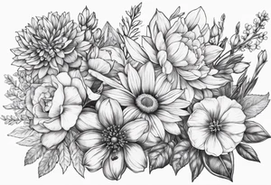 Birth flower bouquet with month’s January, May, November and December tattoo idea