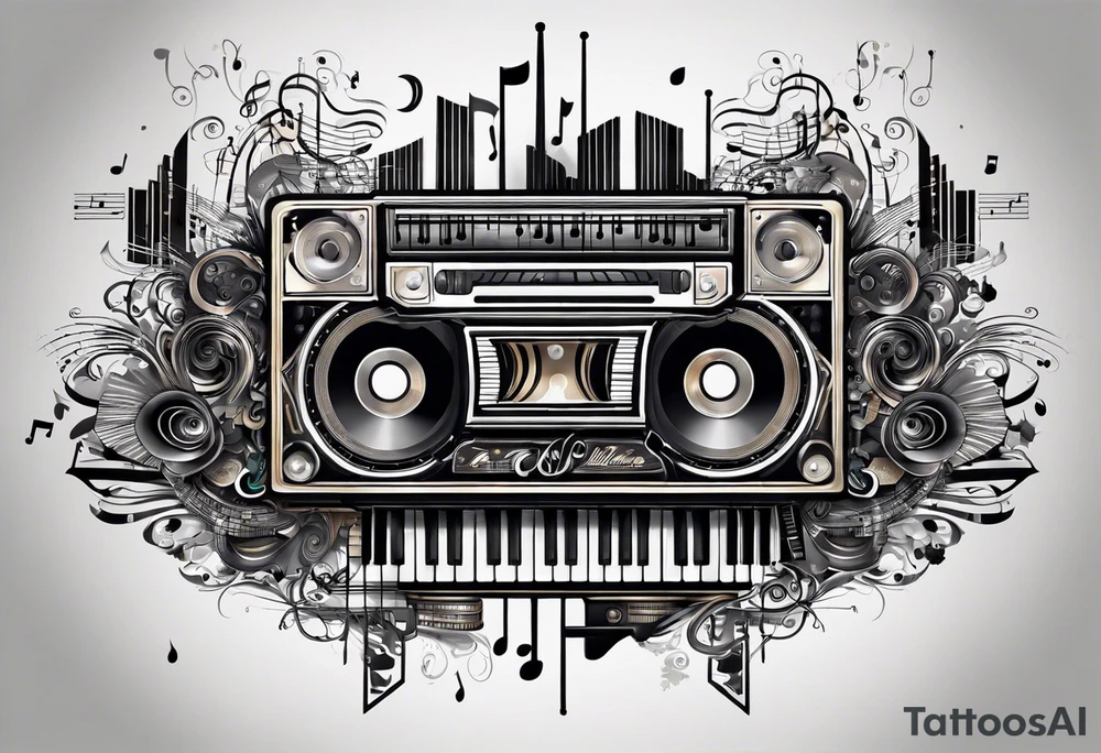 This tattoo features a stylized assembly of various music-related elements. At the center is a cassette tape with realistic details and proportions. It is overlaid with a keyboard, the keys extending outward on one side. Intertwined with these are abstract designs, including straight and wavy lines, geometric shapes like triangles, and scientific elements like an atom model. Additionally, a detailed avian creature perches on the tape, adding an organic touch to the otherwise geometric and mechanical motif. tattoo idea
