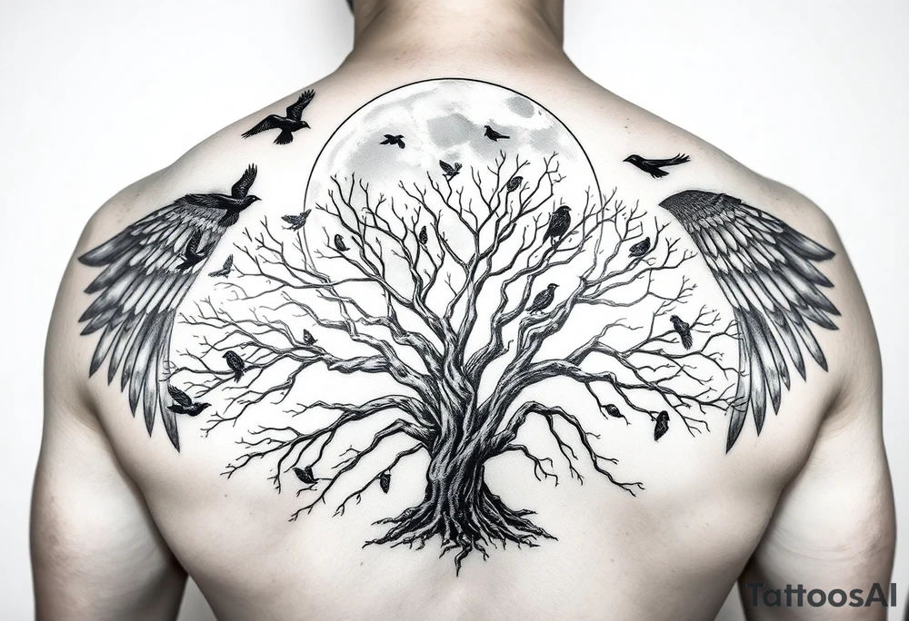 A very realistic, large tree of life that is bare with lots of crows flying  above. a moon that is as large as the entire picture. Large Viking hatches that cover my entire shoulder blades behind the tree and moon  This is a backpiece. tattoo idea