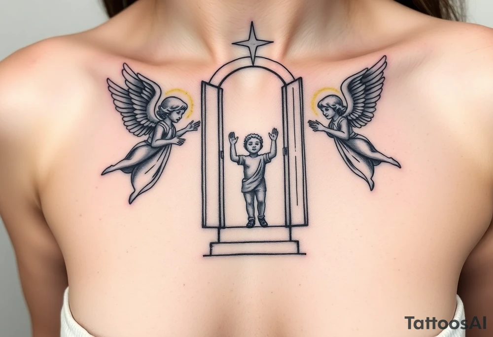 3 angels holding open the gates of heaven with the male figure walking up the steps.Saying fly high baby boy tattoo idea