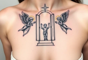 3 angels holding open the gates of heaven with the male figure walking up the steps.Saying fly high baby boy tattoo idea