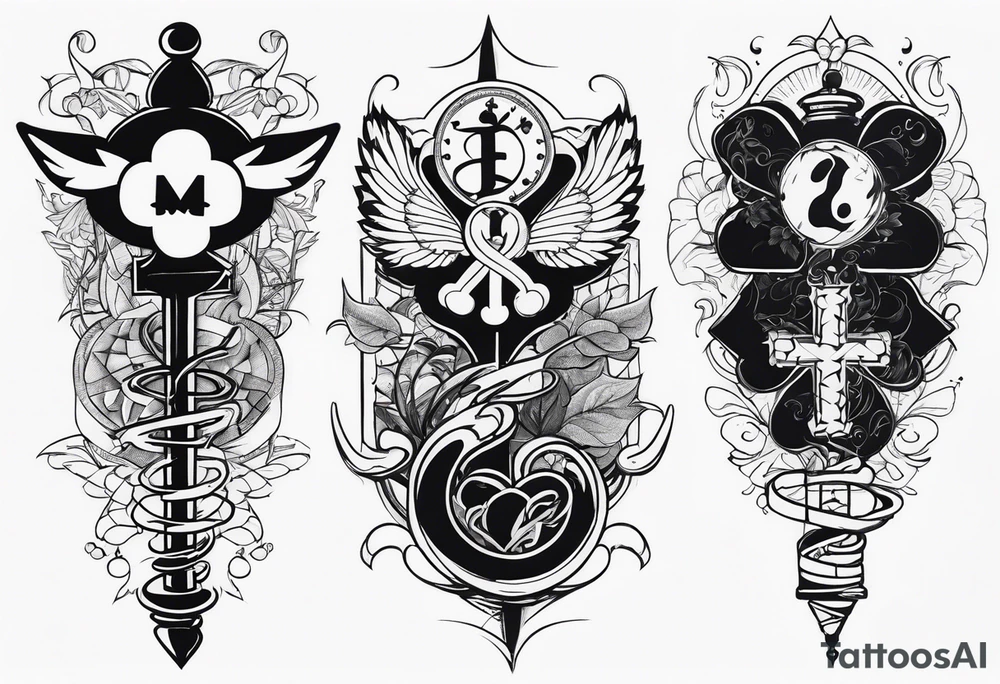 Tattoo full left arm with a collage of a medicine caduceus and a mickey mouse silhouette tattoo idea