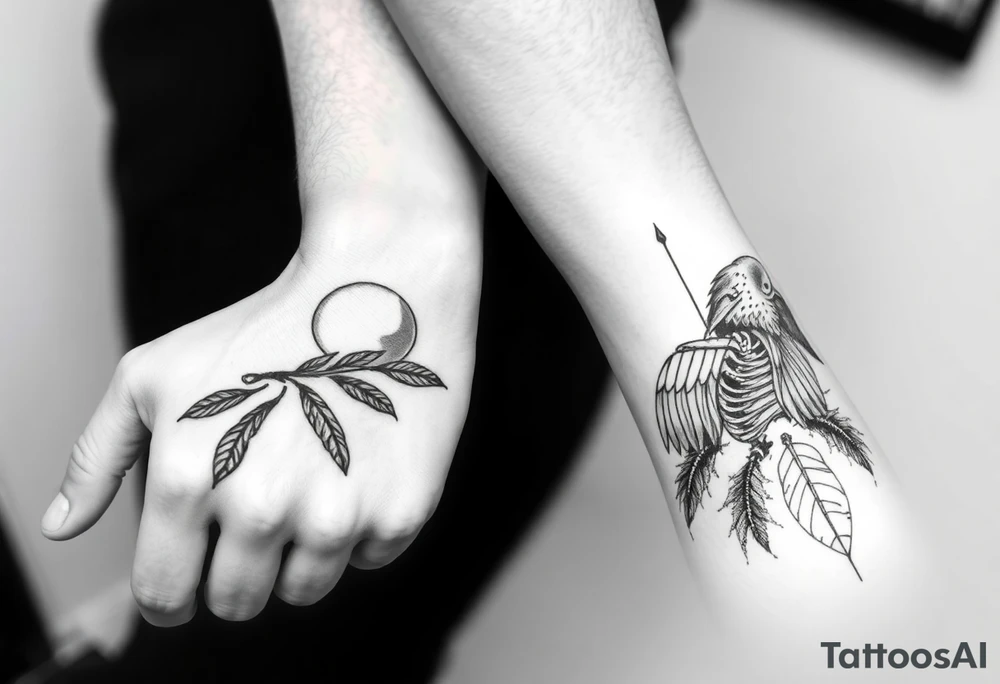 Double forearm tattoo with one normal crow head, feathers and a moon joint with the other forearm with a skeleton of a crows head and feathers all around tattoo idea