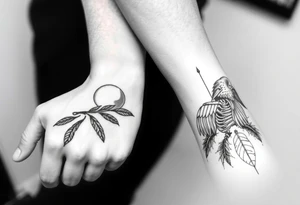 Double forearm tattoo with one normal crow head, feathers and a moon joint with the other forearm with a skeleton of a crows head and feathers all around tattoo idea