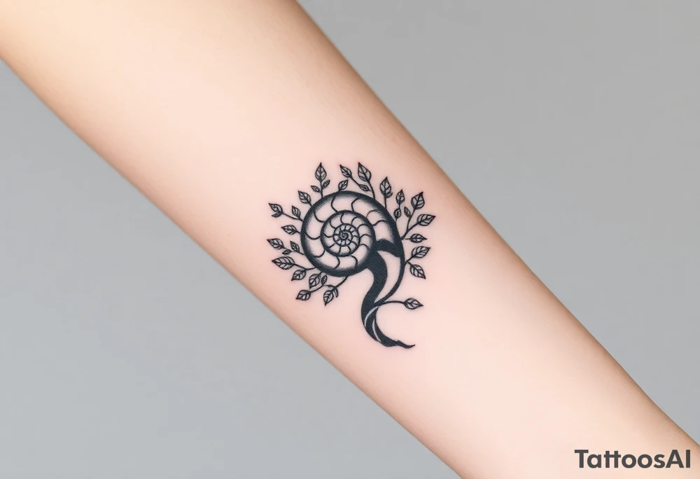 Fibonacci spiral shell on side of tree full of lots of leaves tattoo idea