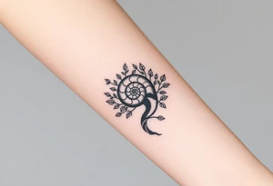Fibonacci spiral shell on side of tree full of lots of leaves tattoo idea