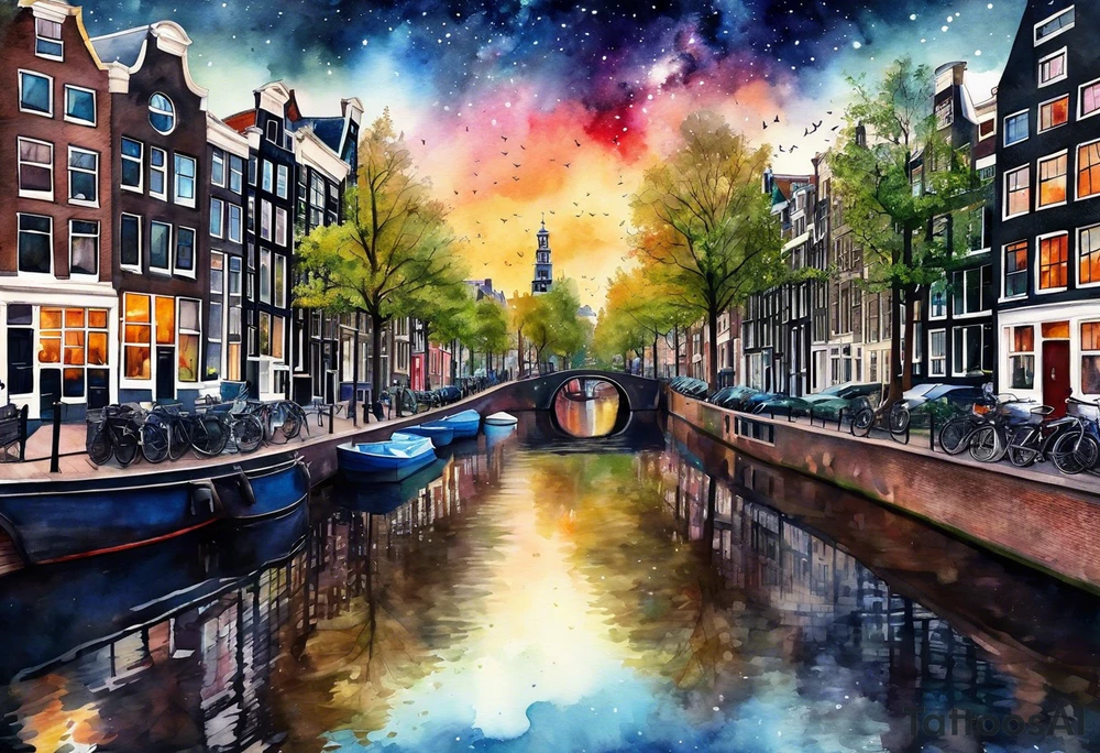 Stag, watercolour, birds, Amsterdam canal, Animals, amsterdam, pineapples, space, galaxy, canal tattoo idea