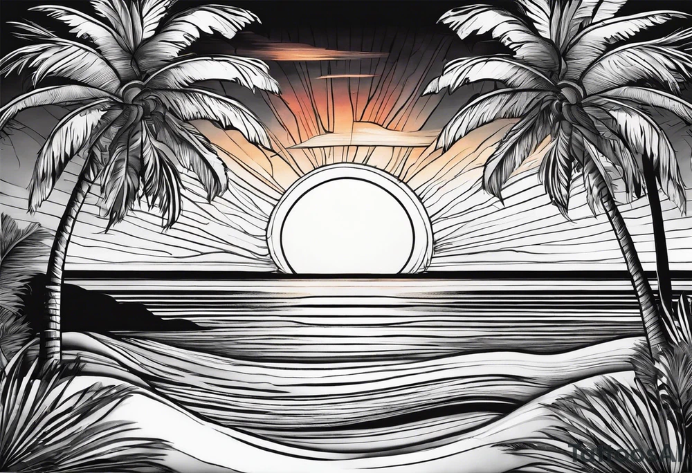 Circle: Sunset on beach palm trees tattoo idea