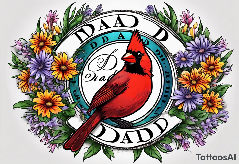 Aster flowers and sea rocket flowers with a cardinal around the words Dad tattoo idea