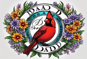 Aster flowers and sea rocket flowers with a cardinal around the words Dad tattoo idea