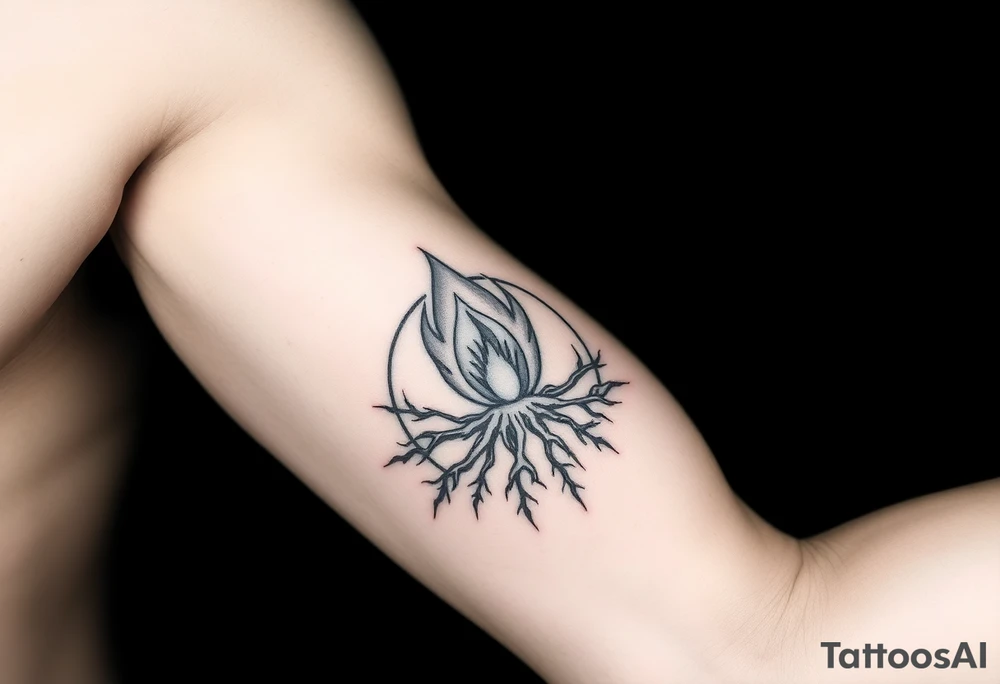 flame in a blooming roots circle tattoo idea