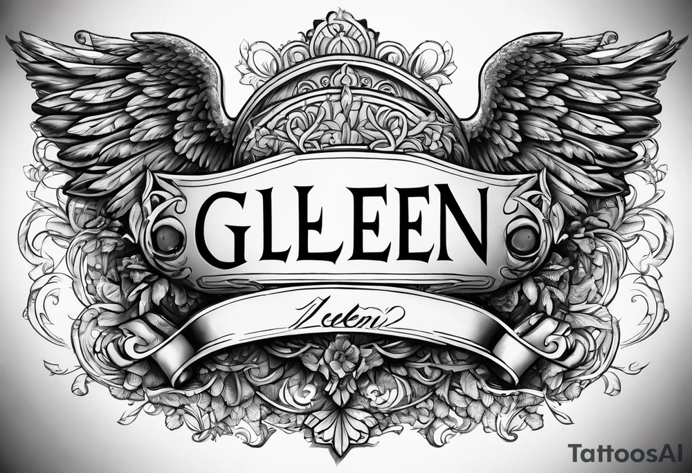 The word Glenn on a banner with angel Wings tattoo idea