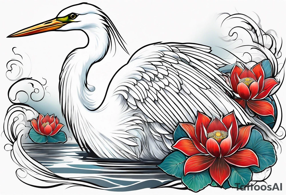 Egret and red lotuses tattoo idea