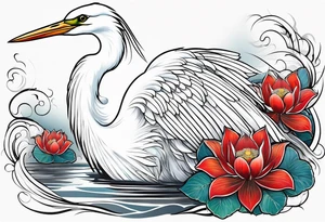 Egret and red lotuses tattoo idea