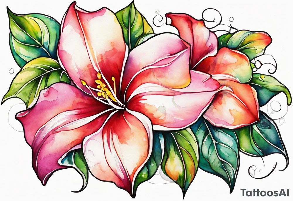 abstract mandevilla flowers on a vine, part of it watercolor, part of it just line work tattoo idea