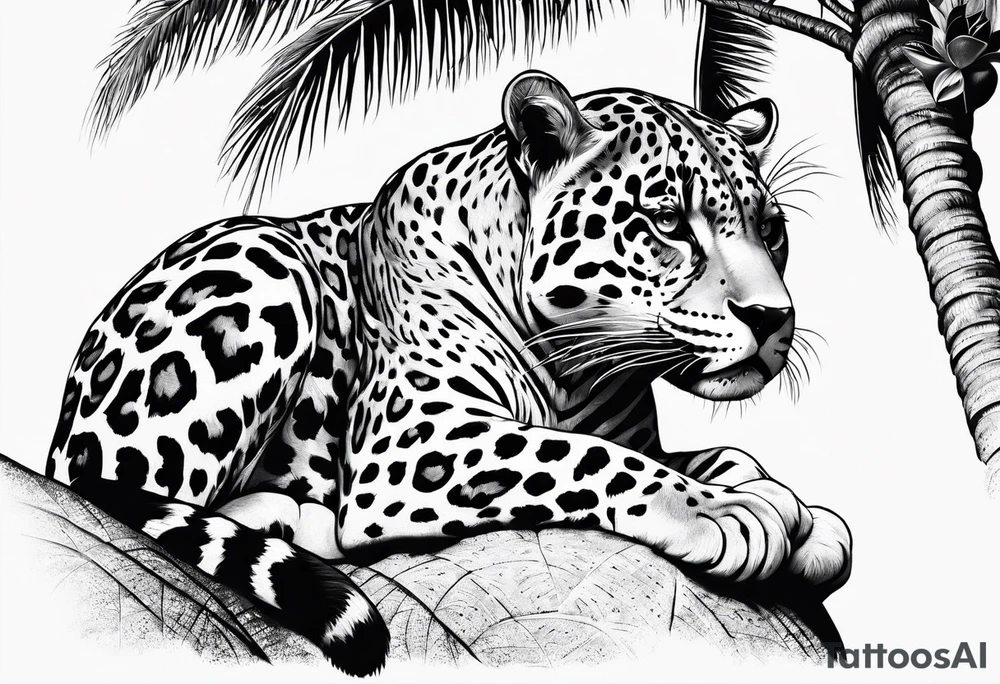 jaguar laying on palm tree tattoo idea