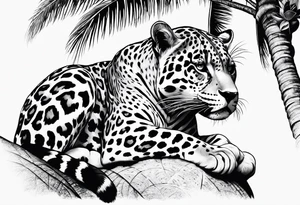 jaguar laying on palm tree tattoo idea