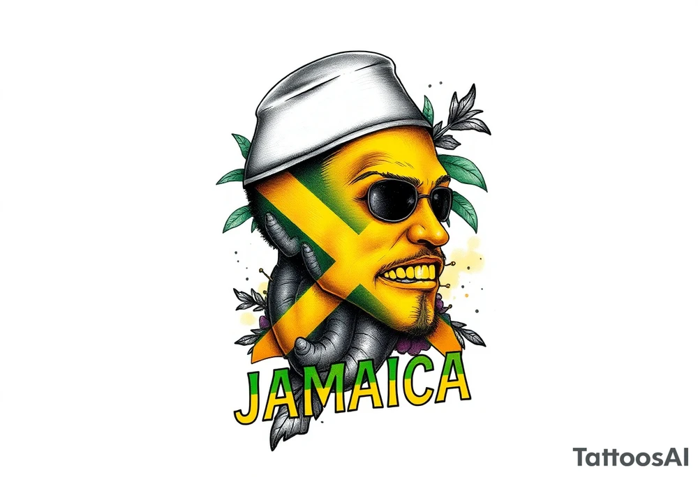 an image that represent jamaican daily island life with the words jamaica in the jamaican flag colors tattoo idea