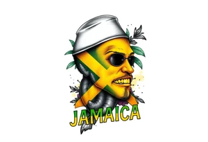 an image that represent jamaican daily island life with the words jamaica in the jamaican flag colors tattoo idea