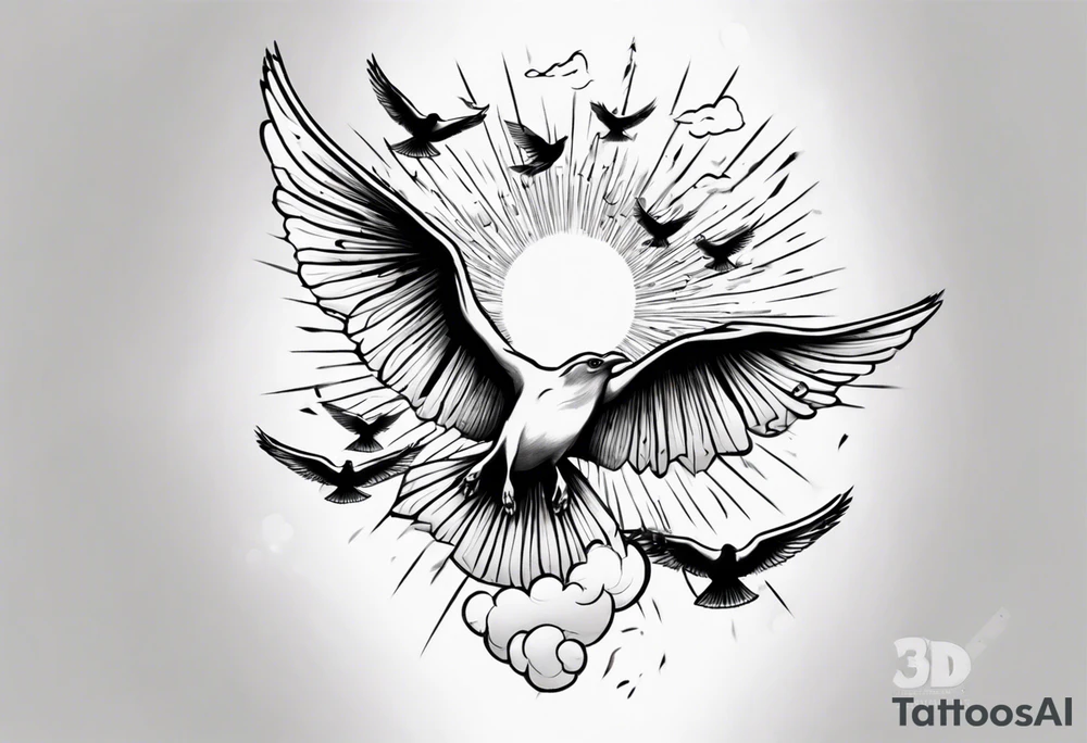 a shoulder tattoo with rays of light, clouds and birds flying free tattoo idea