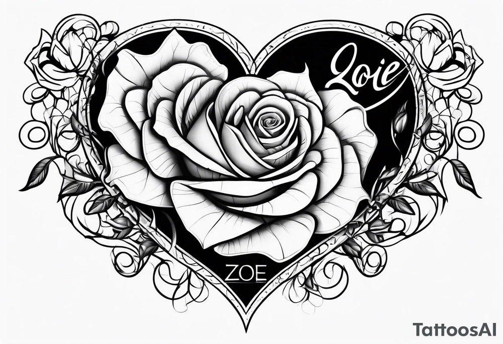 Zoe name written within a heart and rose tattoo idea