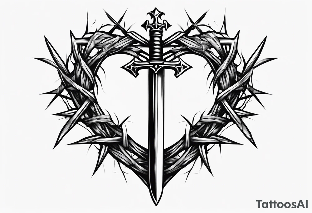 A simple design of a crown of thorns resting on a sword that is piercing a heart tattoo idea