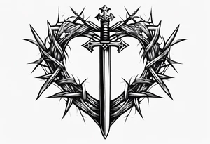 A simple design of a crown of thorns resting on a sword that is piercing a heart tattoo idea