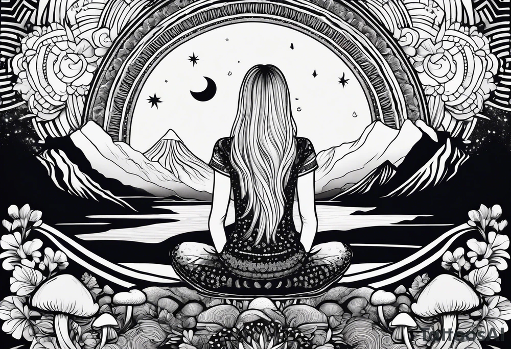 Straight blonde hair girl meditating facing away toward mountains surrounded by mushrooms crescent moon mandala circular design black and white striped dress tattoo idea