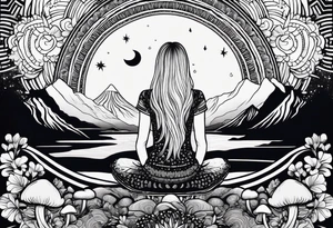 Straight blonde hair girl meditating facing away toward mountains surrounded by mushrooms crescent moon mandala circular design black and white striped dress tattoo idea
