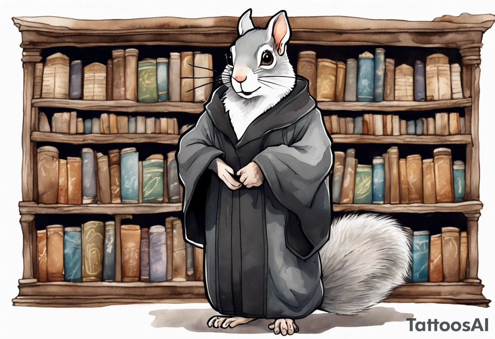 an elderly grey squirrel with a white beard and mustache wearing spectacles and a black robe standing in an ancient library tattoo idea